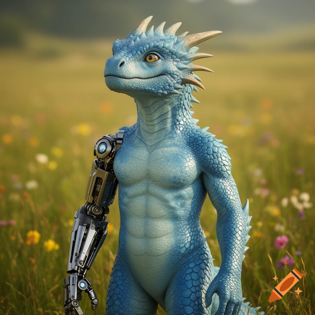 A light blue dragonborn with a muscular body and a detailed robotic left arm stands in a flowery field.