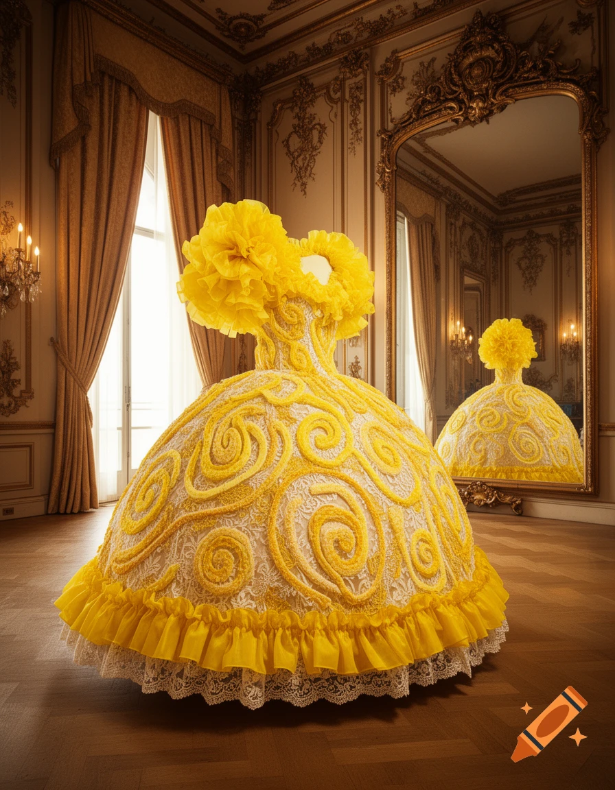 A grand, opulent ballroom with golden walls and windows features an extravagant yellow ball gown with ruffles, lace, and swirling textures.