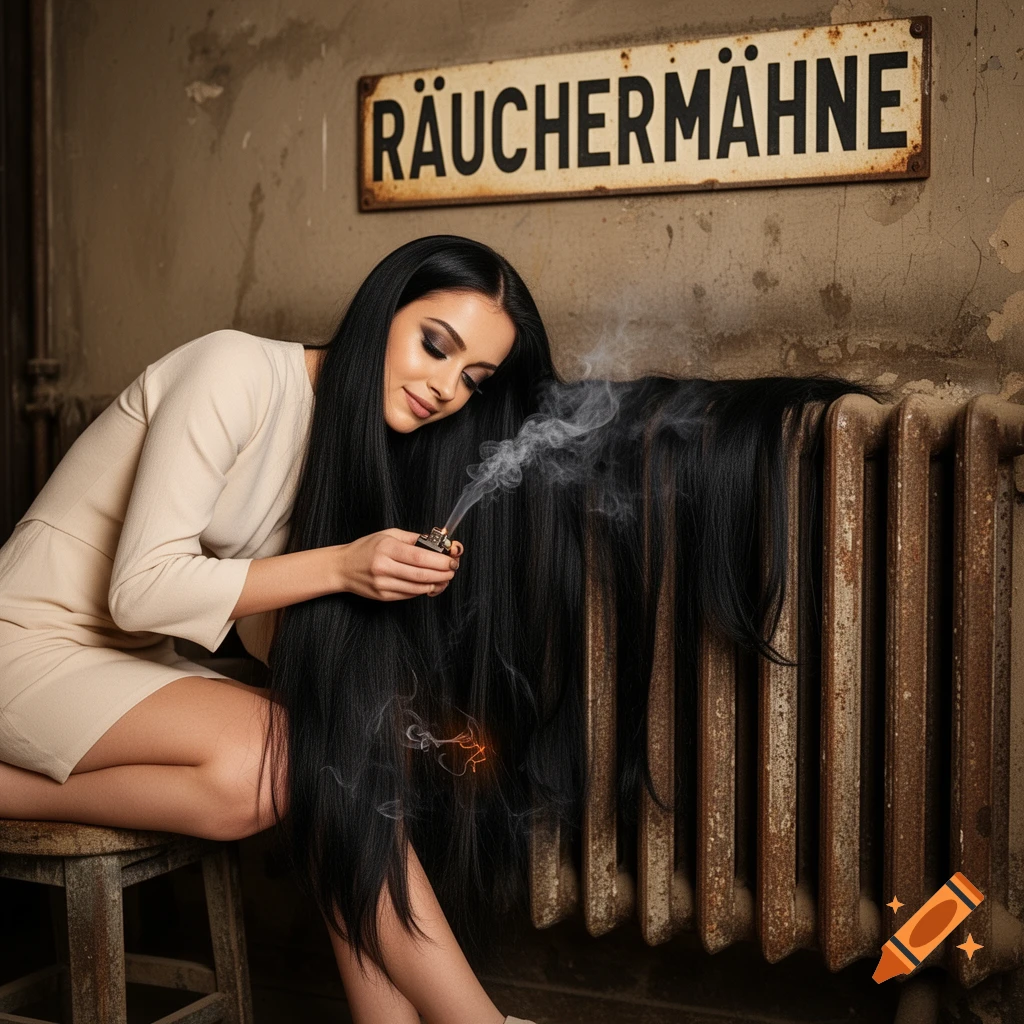 A woman with very long black hair lights the ends of her hair with a lighter as smoke rises, sitting next to a rusty radiator beneath a sign that reads RÄUCHERMÄHNE.