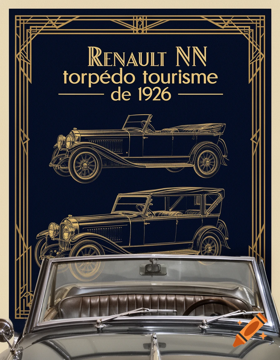 Art Deco poster for a 1926 Renault NN torpédo tourisme, with line drawings and a vintage car's windshield.