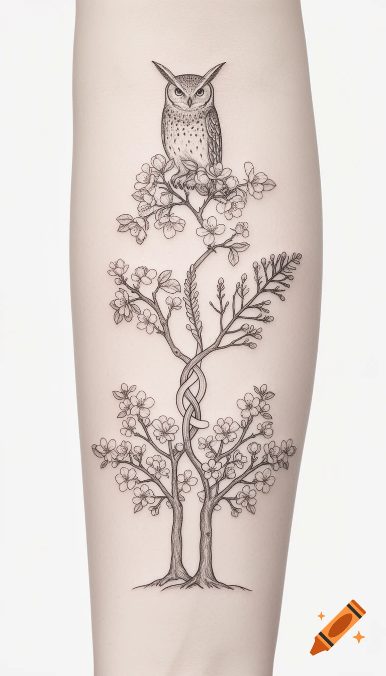 Line art tattoo on an arm showing an owl perched on cherry blossoms and intertwining trees.