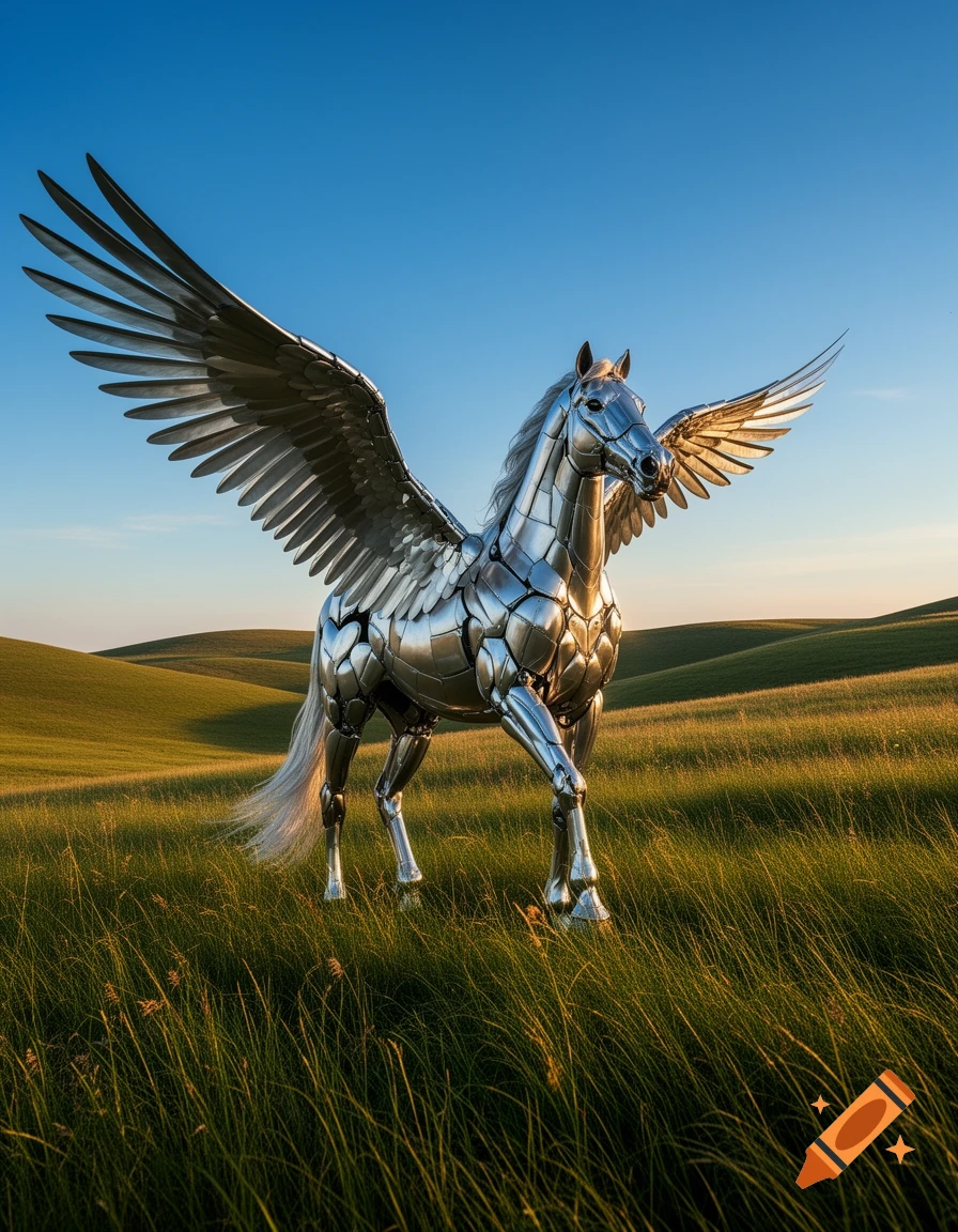 A photorealistic metallic Pegasus with large wings stands in a vibrant green field under a clear blue sky.