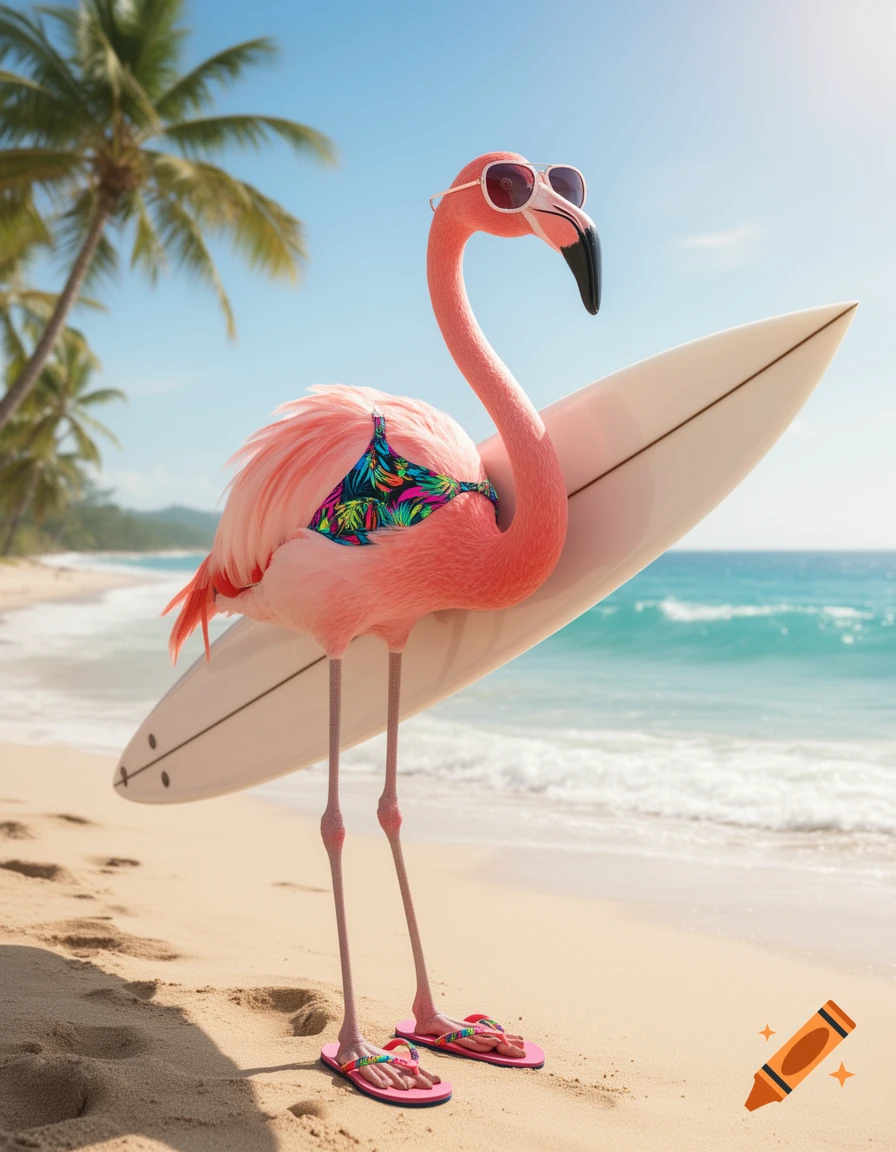 A photorealistic pink flamingo in a tropical bikini, sunglasses, and flip-flops stands on a sandy beach holding a surfboard, with palm trees and the ocean in the background.