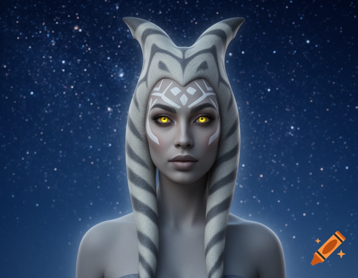 A portrait of a light grey-skinned Togruta woman with white face markings, grey-striped montrals and lekku, and glowing yellow eyes against a starry night sky.