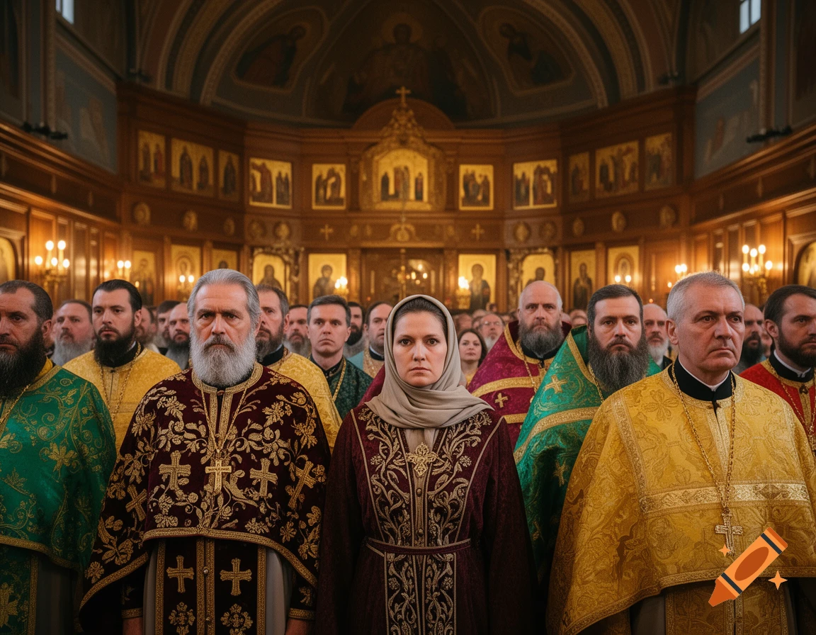 A group of stern-looking religious leaders in ornate vestments stand inside a grand church with icons.