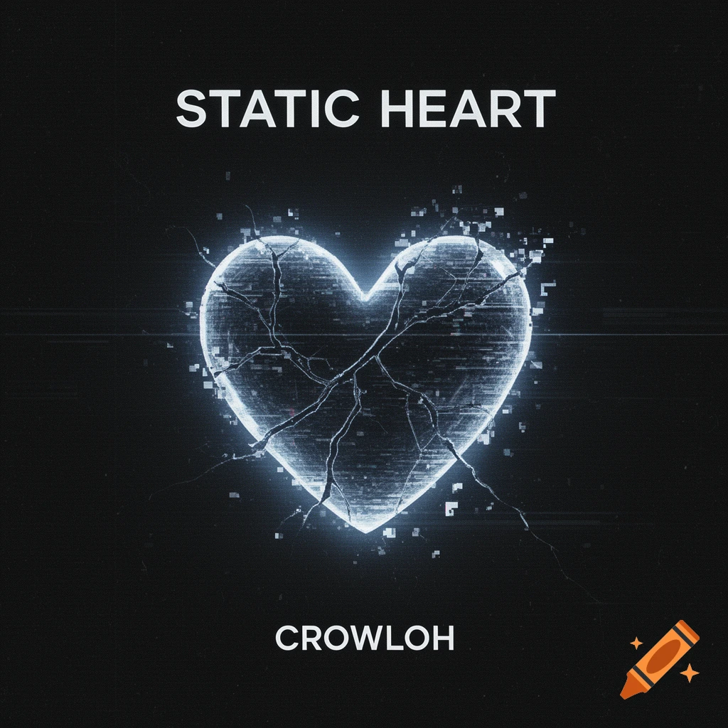Dark album cover featuring a glowing, cracked digital heart with static, text 'STATIC HEART' at top and 'CROWLOH' at bottom.