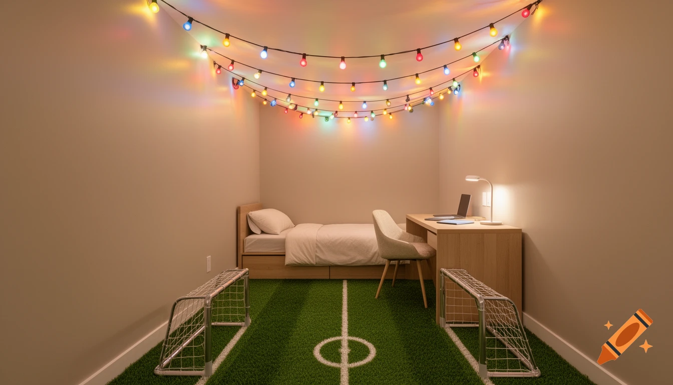 A modern bedroom with a bed, desk, and chair. The floor is covered in artificial turf with soccer field markings and two miniature goals. String lights hang overhead.