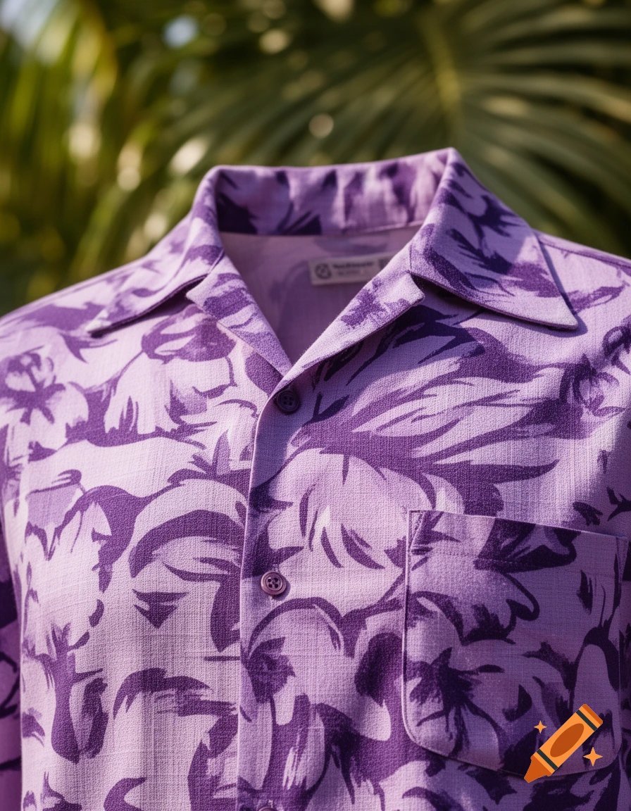 Close-up of a purple Hawaiian shirt with dark floral patterns, seen against a blurry green background.