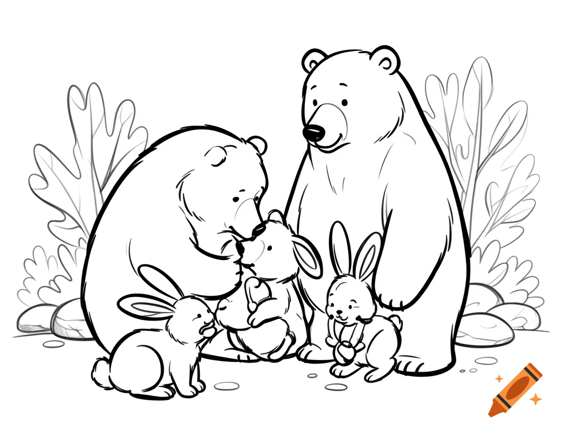 A black line drawing of a cute cartoon bear family with three small rabbits. One bear nuzzles a rabbit.