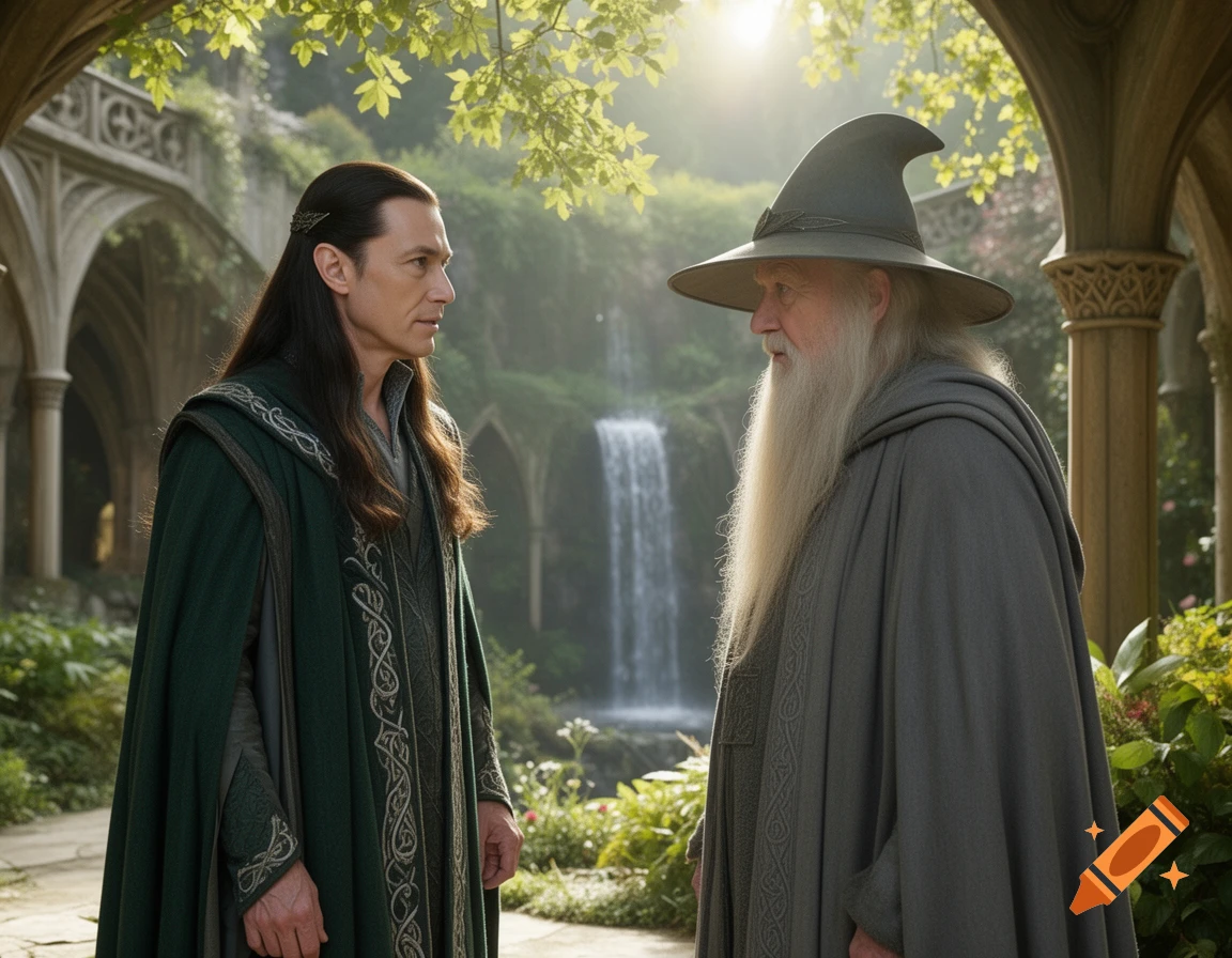 Photorealistic image of Elrond and Gandalf facing each other in the lush, arched gardens of Rivendell, with a waterfall in the background.