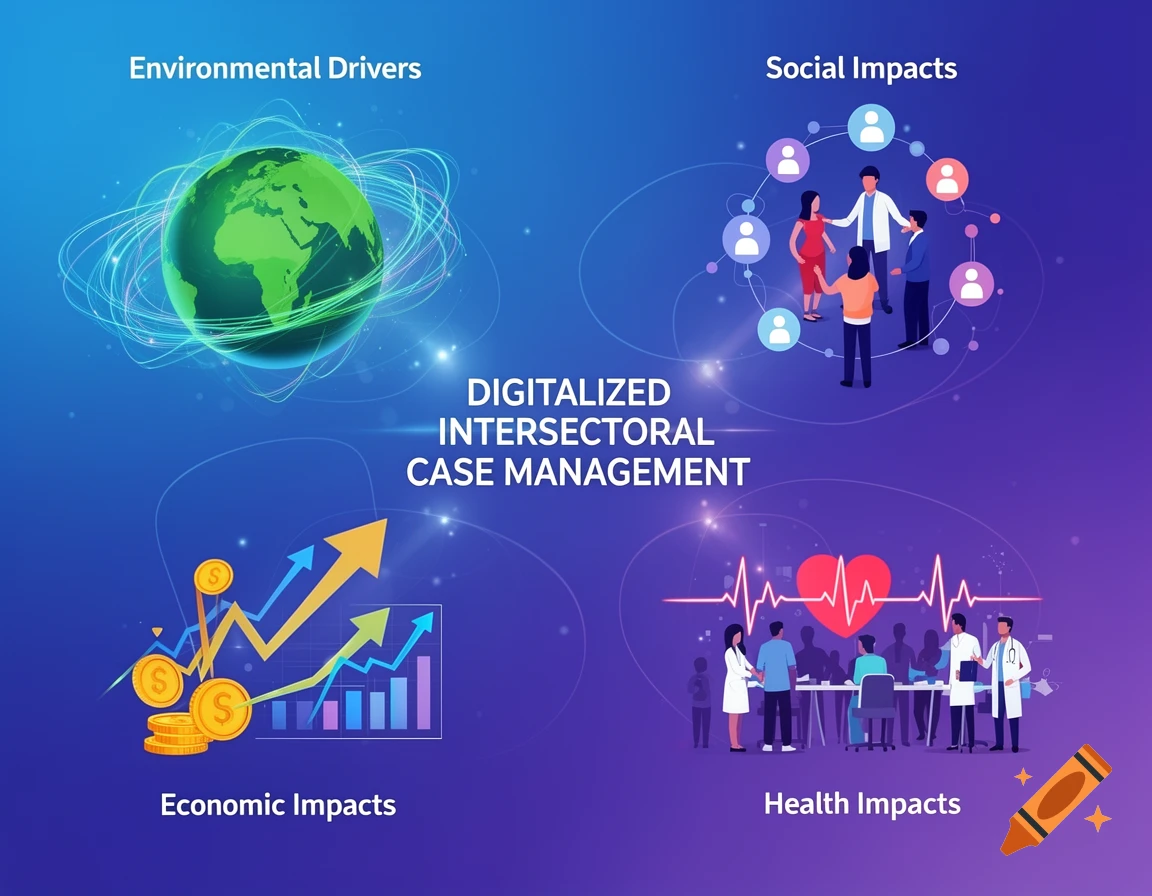 An infographic showing "Digitalized Intersectoral Case Management" in the center, surrounded by icons representing Environmental Drivers, Social Impacts, Economic Impacts, and Health Impacts.