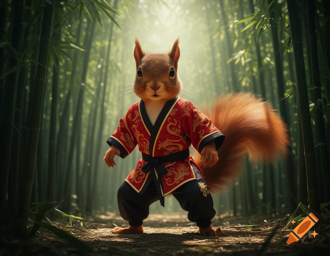 A photorealistic squirrel in a red and black kung fu robe stands in a bamboo forest, ready for action.