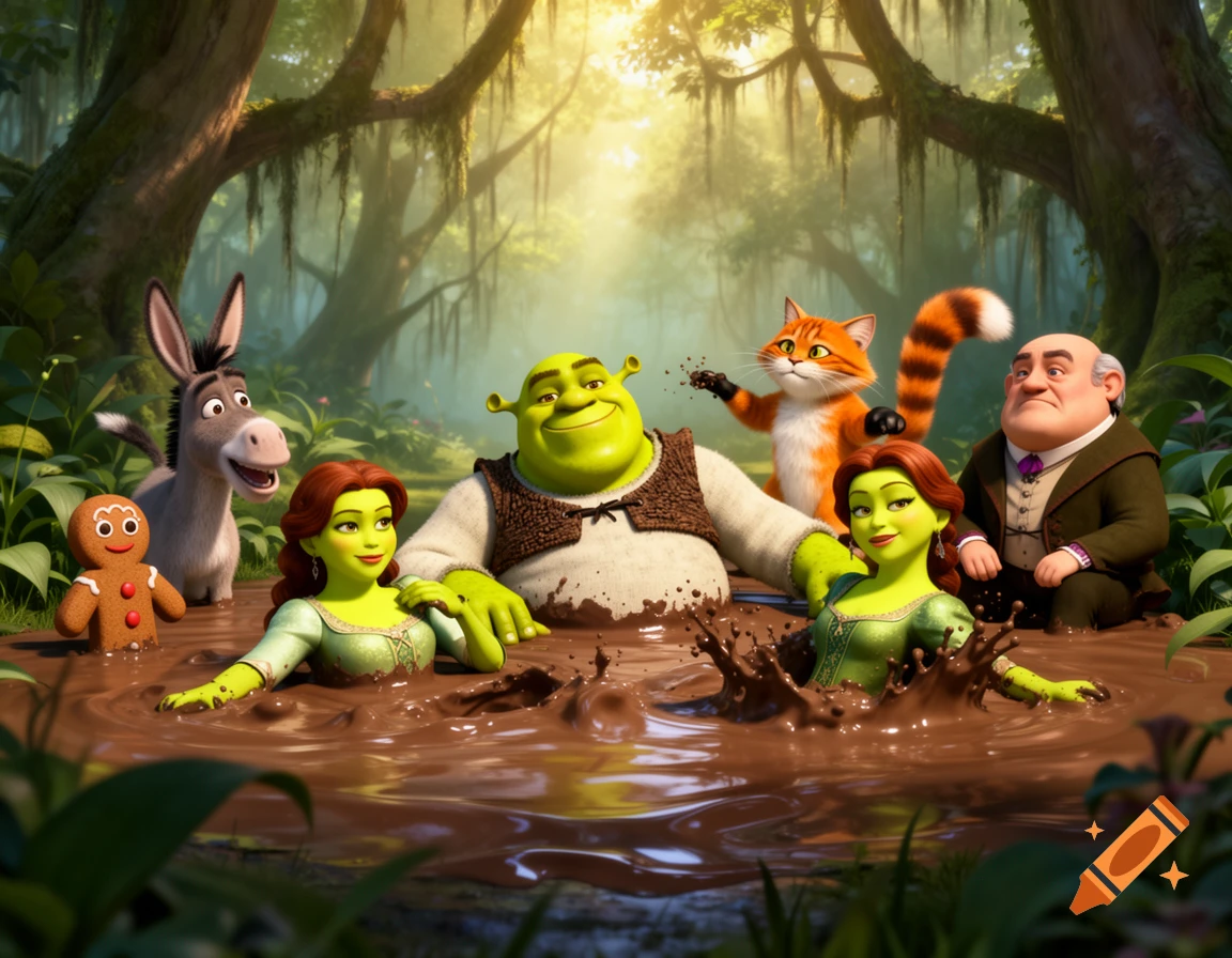 Animated Shrek characters, including Shrek, Fiona, Donkey, Puss in Boots, Gingy, and Lord Farquaad, enjoy a swamp mud bath.