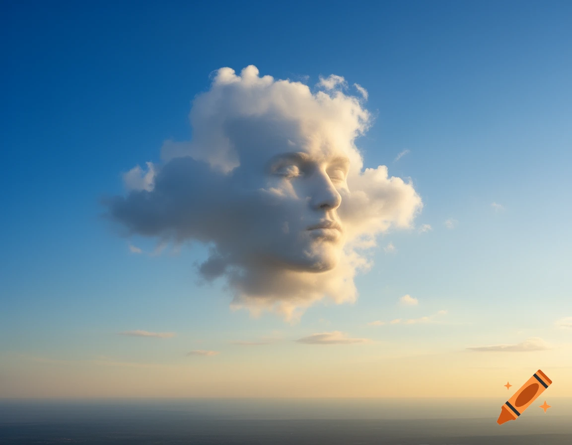 A human head formed from a white cloud in a blue and orange sky over a distant horizon, with eyes closed.