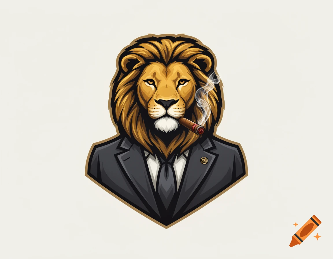 An anthropomorphic lion wearing a dark suit and tie, smoking a lit cigar, against a plain background in an illustration style.