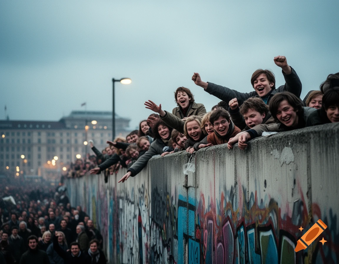 A large crowd of people celebrating, with many individuals smiling and cheering while leaning over a graffiti-covered concrete wall.