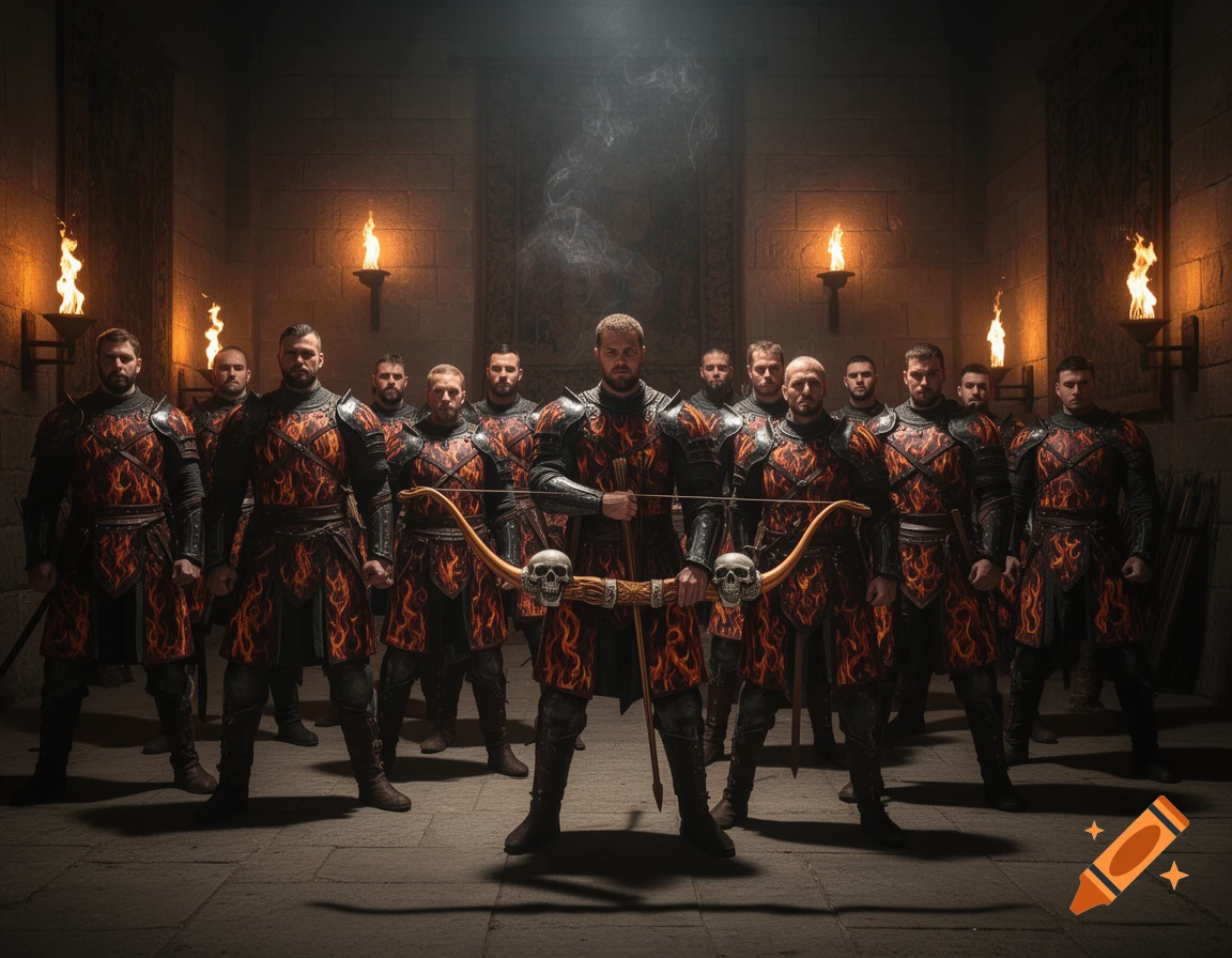 A group of armored warriors in a torch-lit stone hall, with one holding a skull-decorated bow.