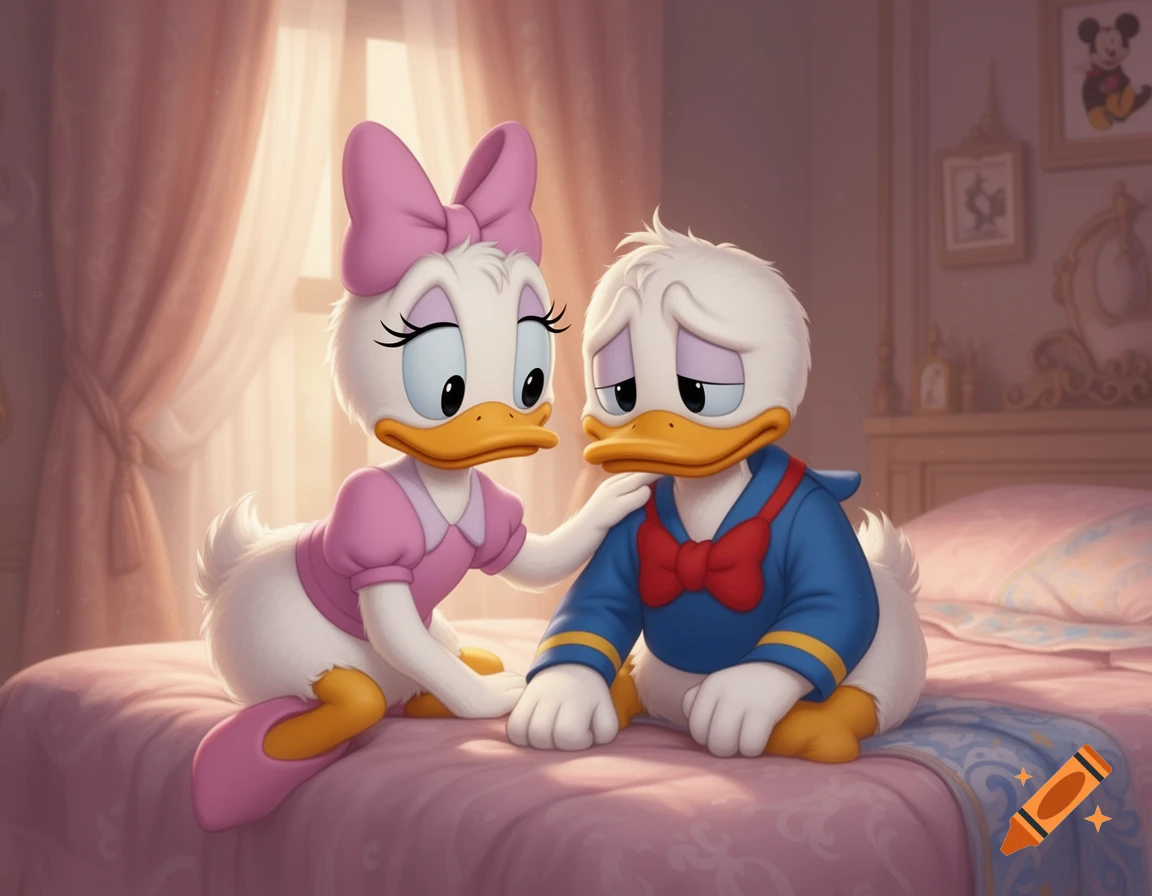 Daisy Duck gently comforts a sad Donald Duck, who is sitting on a pink bed in a warm, cartoon-style room.
