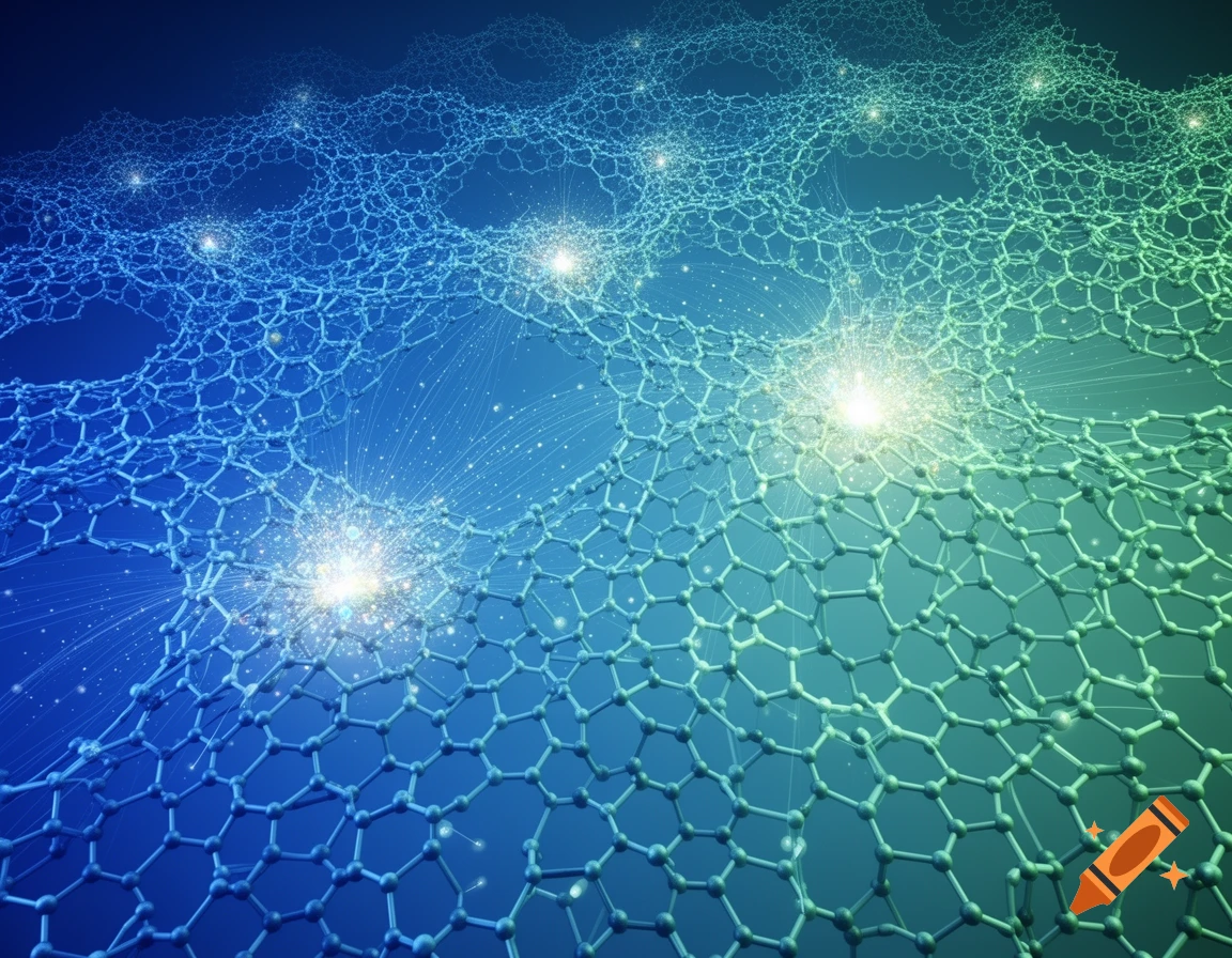 An abstract, microscopic view of a blue and green hexagonal molecular network with glowing nodes and connecting lines, representing charge transfer dynamics.