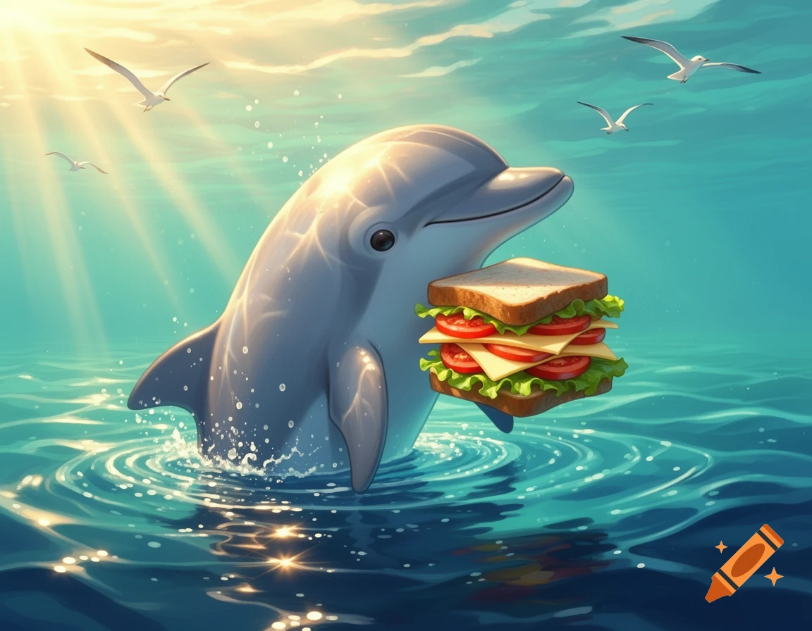 A cute, cartoon dolphin holding a sandwich in its mouth, emerging from clear blue ocean water under a sunny sky with seagulls.