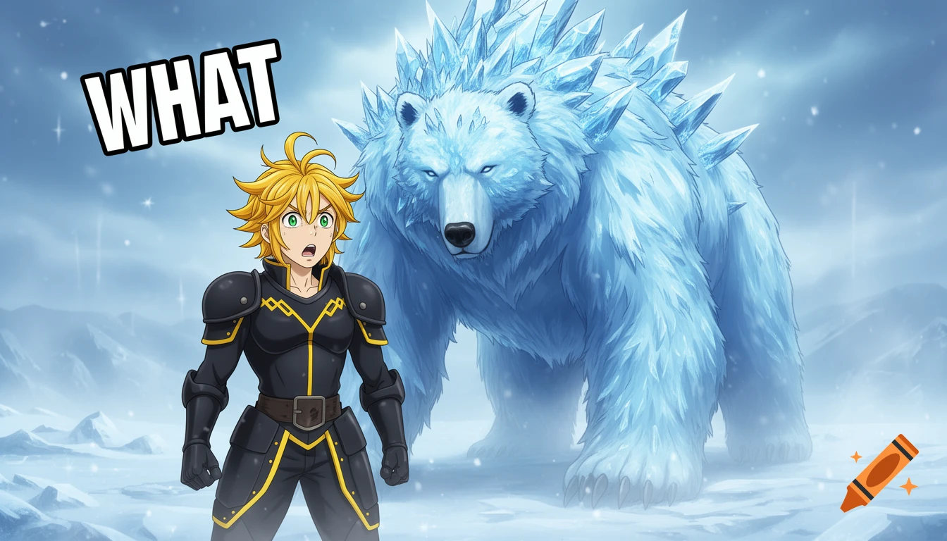 Anime character Meliodas with a surprised expression stands before a large, menacing ice bear in a snowy landscape, with 'WHAT' text.