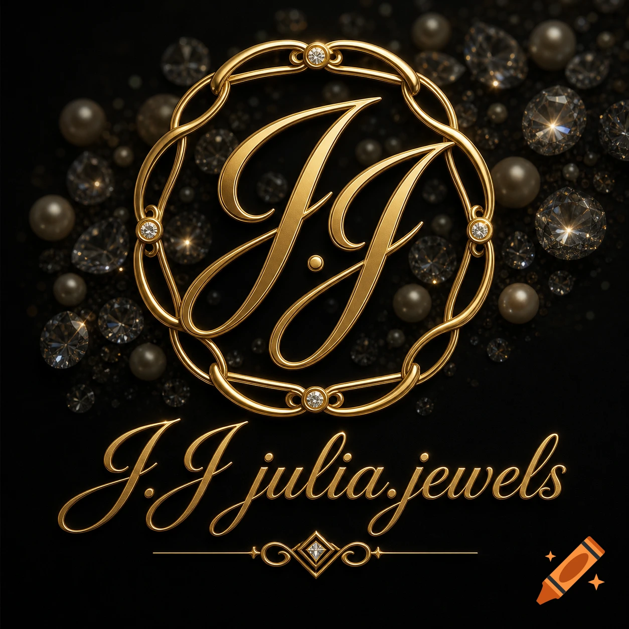 Gold jewelry brand logo with ornate 'JJ' initials and 'J.J julia.jewels' text, surrounded by diamonds and pearls.