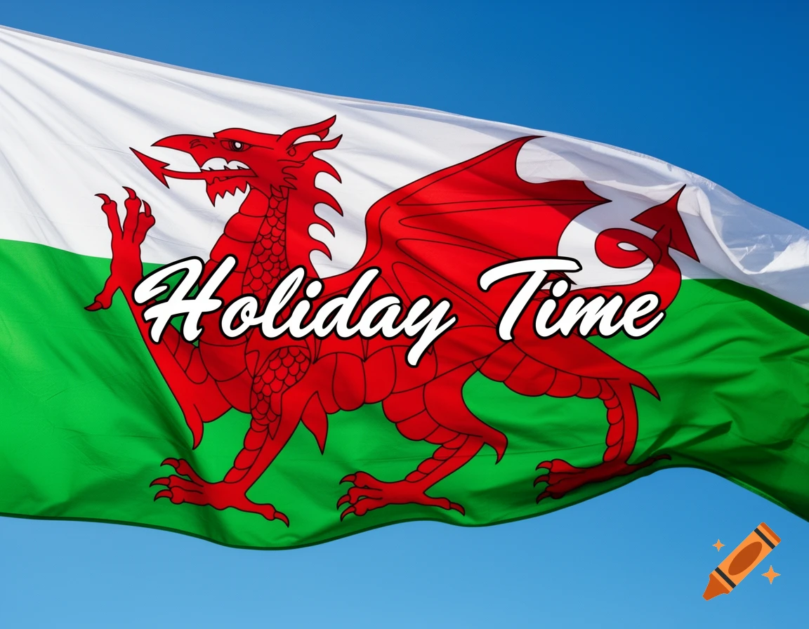 The red dragon on a white and green Welsh flag waves against a blue sky, with 'Holiday Time' written across it.
