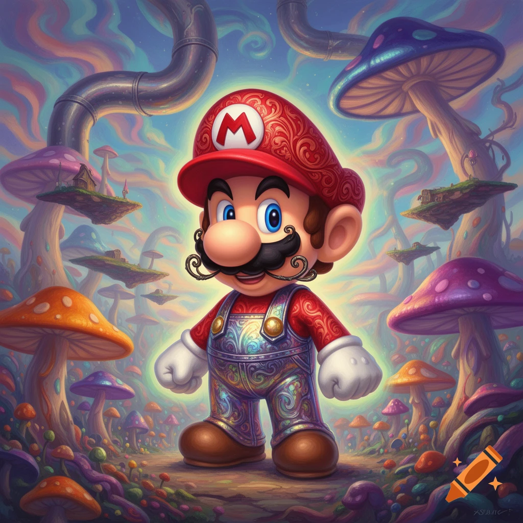 Stylized Mario in a vibrant, psychedelic mushroom forest with floating islands and pipes.