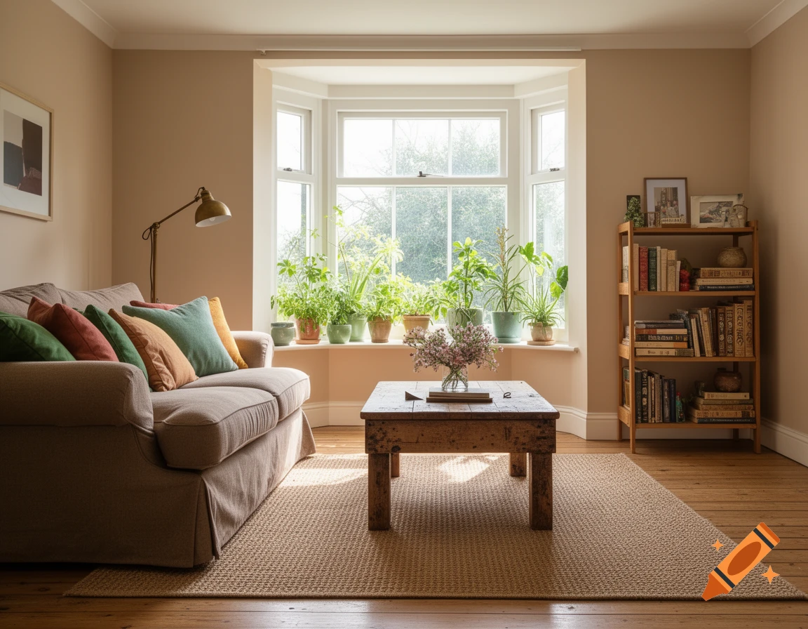 A warm living room with a beige sofa, colorful pillows, wooden coffee table, and a bay window lined with green plants.
