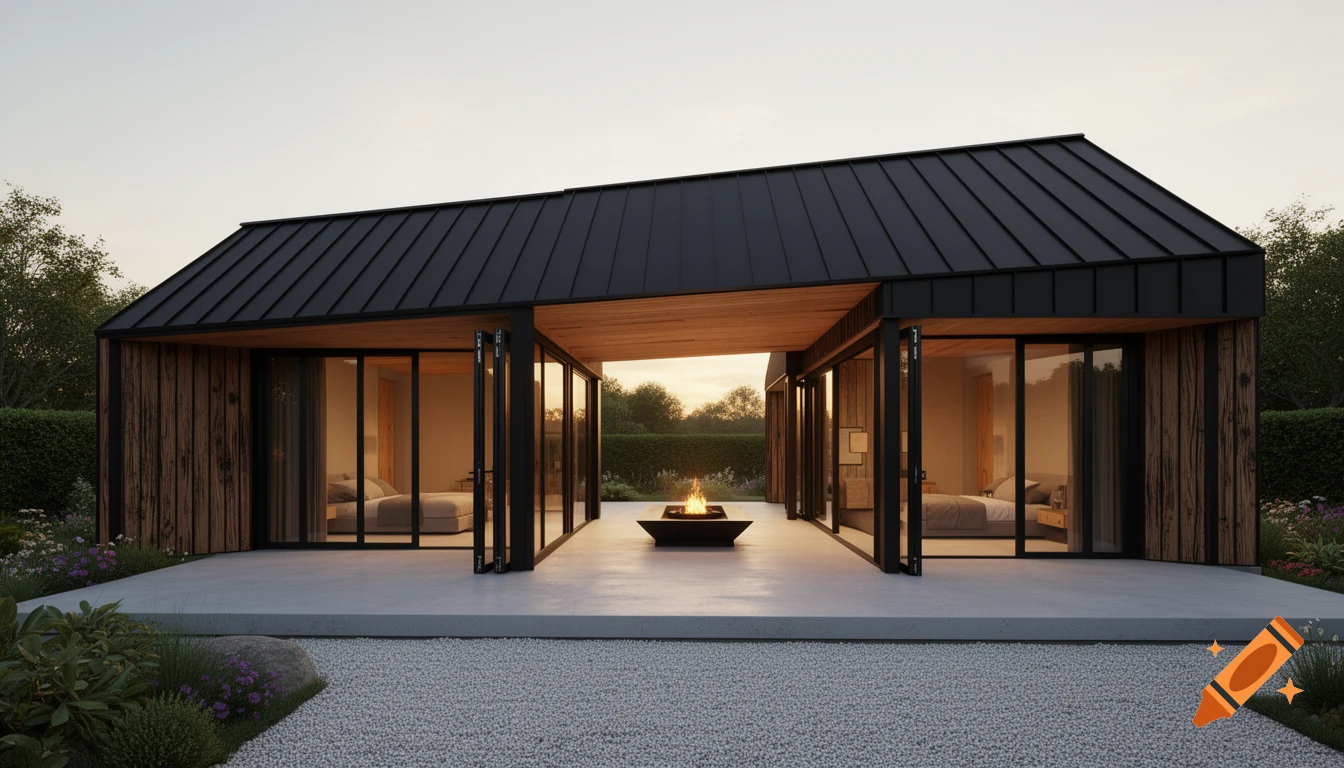 Photorealistic render of a modern, long dogtrot house with a black roof, wooden siding, and a central firepit in a minimalist garden.