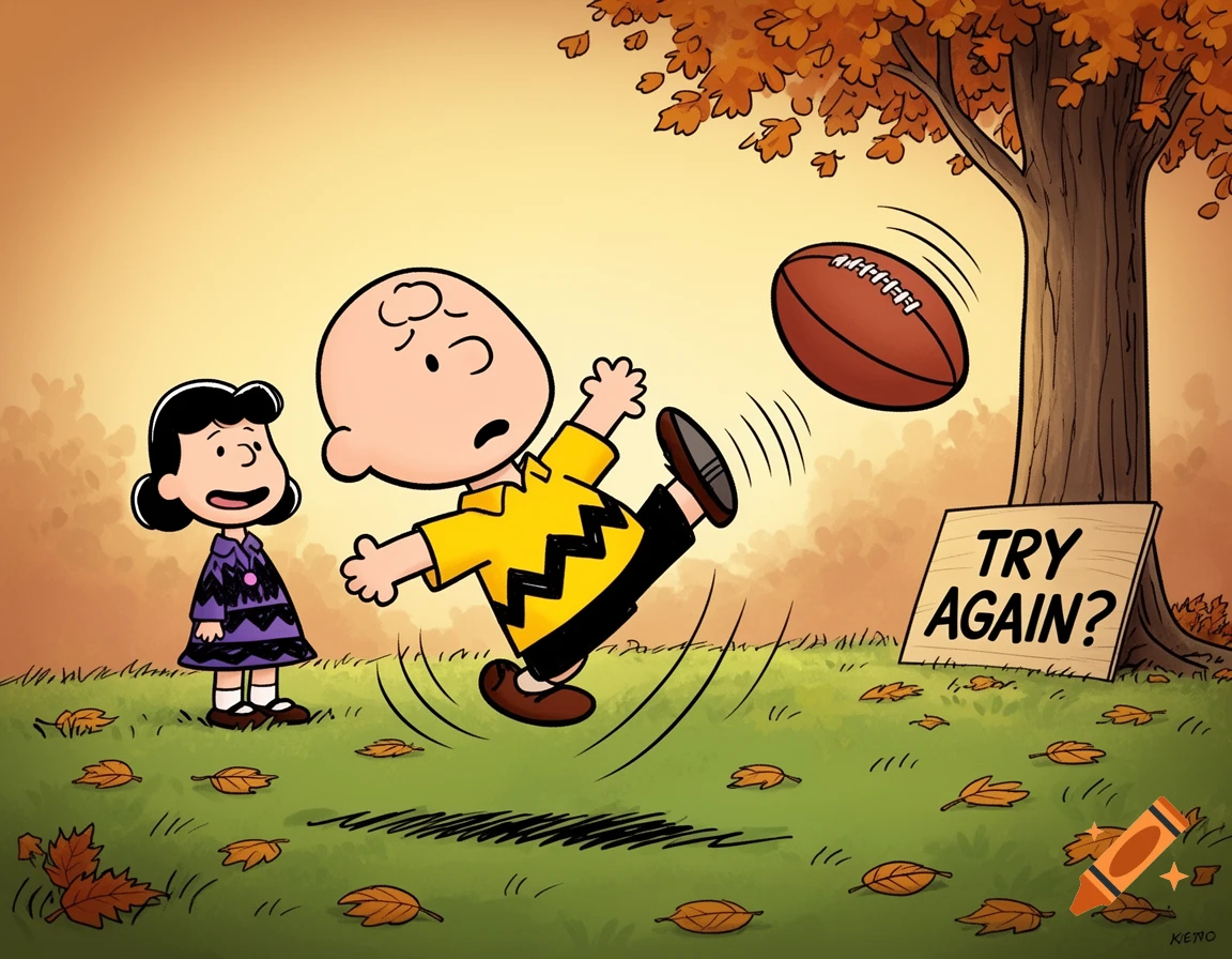 Charlie Brown falls after missing a football kick as Lucy watches, with an autumn tree and a 'TRY AGAIN?' sign, in a cartoon style.
