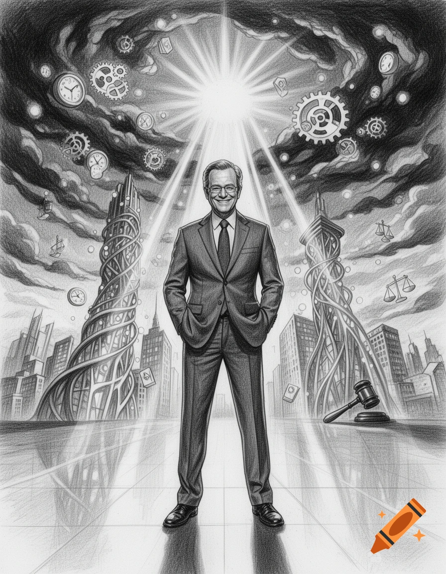 Pencil drawing of a smiling man in a suit standing in a surreal cityscape with gears, clocks, and scales of justice floating around him.