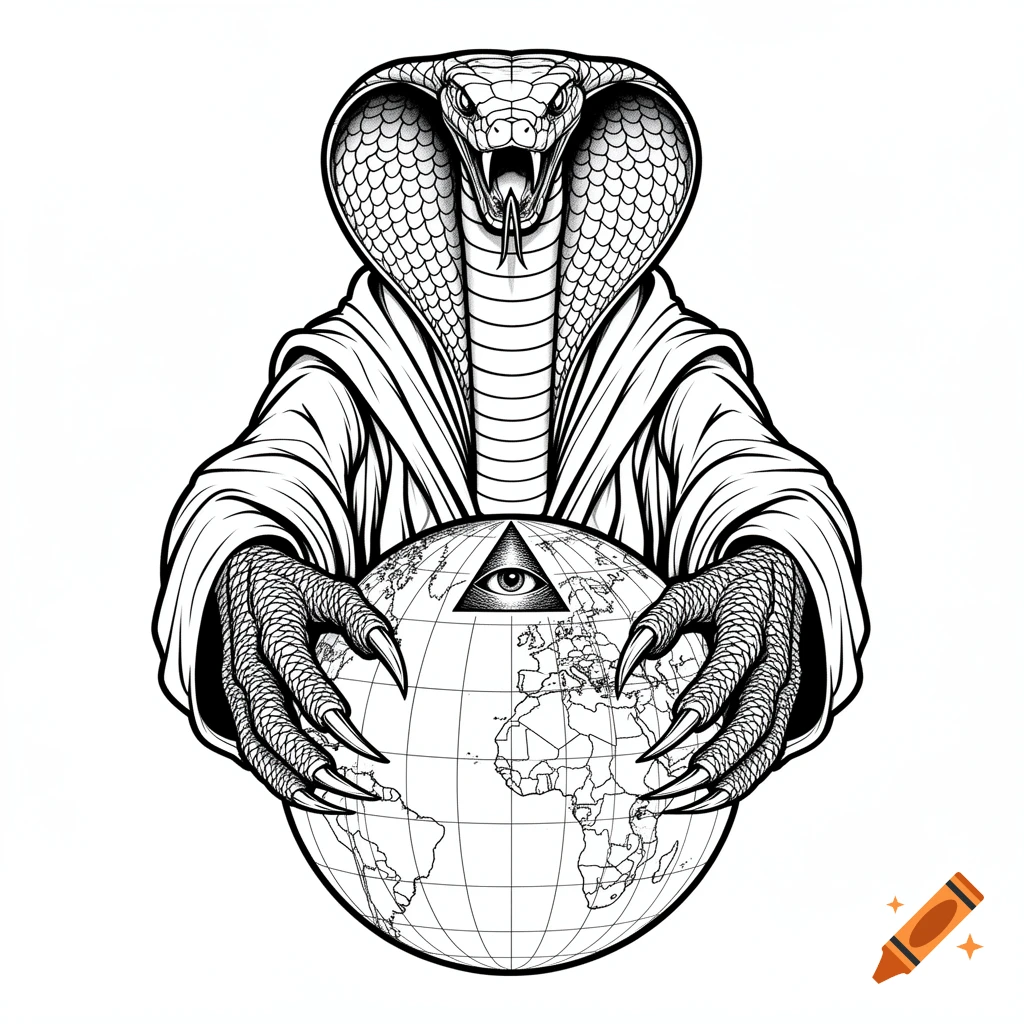 Black and white line art illustration of a cobra with a cloak-like body and clawed hands gripping a globe with an Eye of Providence.