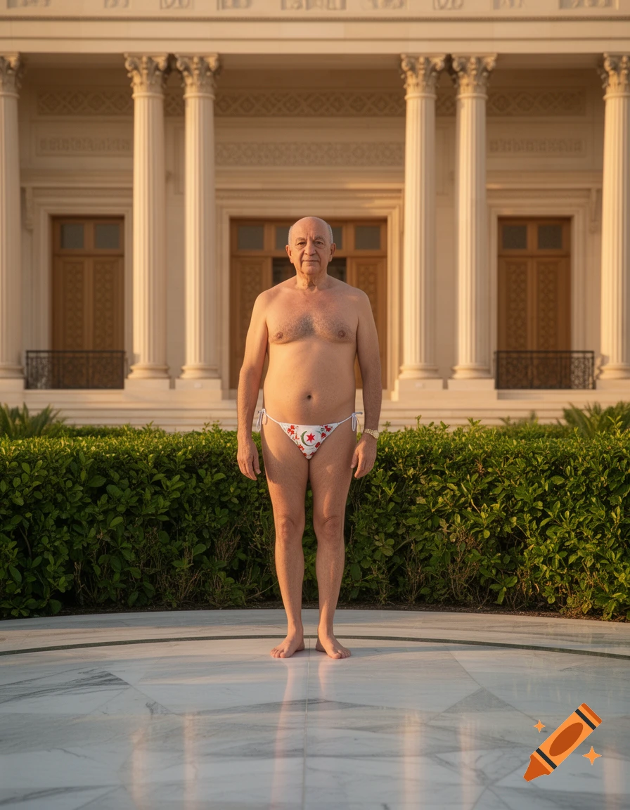 An older man in a white string bikini with red stars stands shirtless in front of a grand building with pillars.