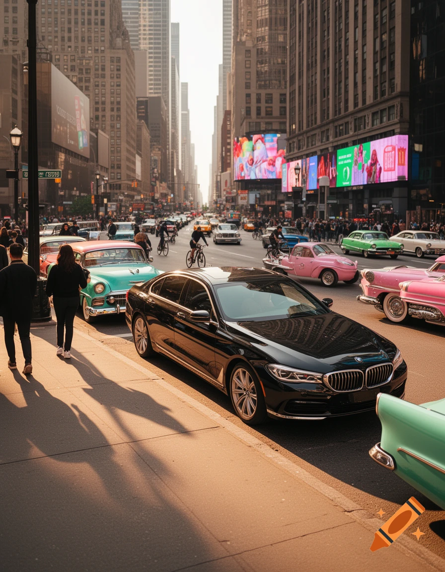 A bustling street scene in a modern city with tall buildings, numerous cars, and pedestrians. Vintage cars are parked and driving alongside newer models.