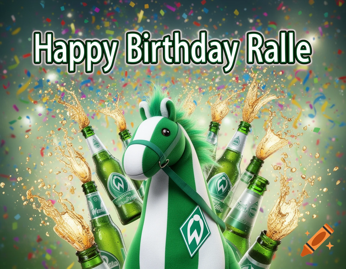 A festive birthday image with "Happy Birthday Ralle" text, a green and white plush horse, and popping beer bottles amidst falling confetti.