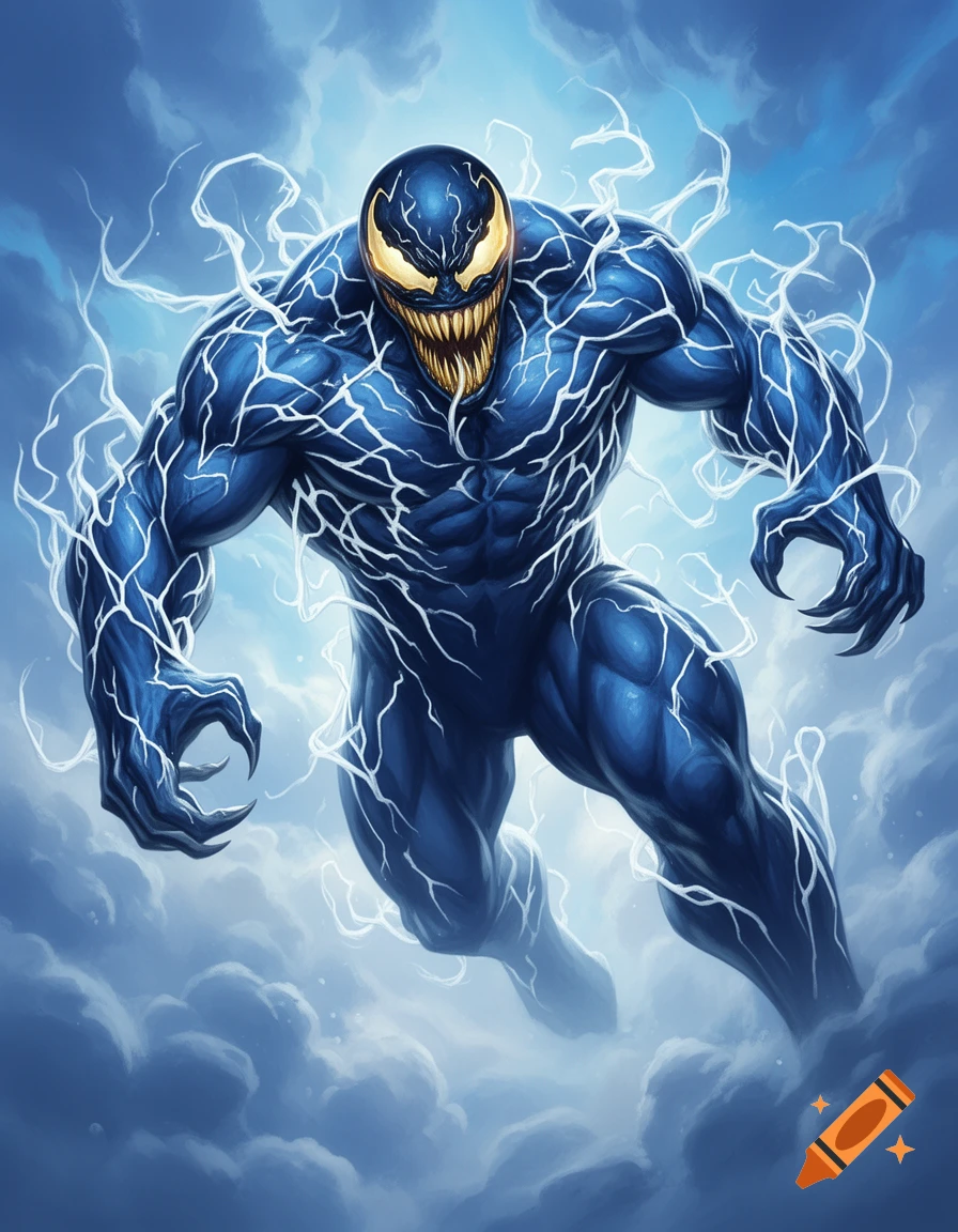A powerful sky blue Venom-like creature with white lightning patterns and golden eyes and teeth, rising from clouds.