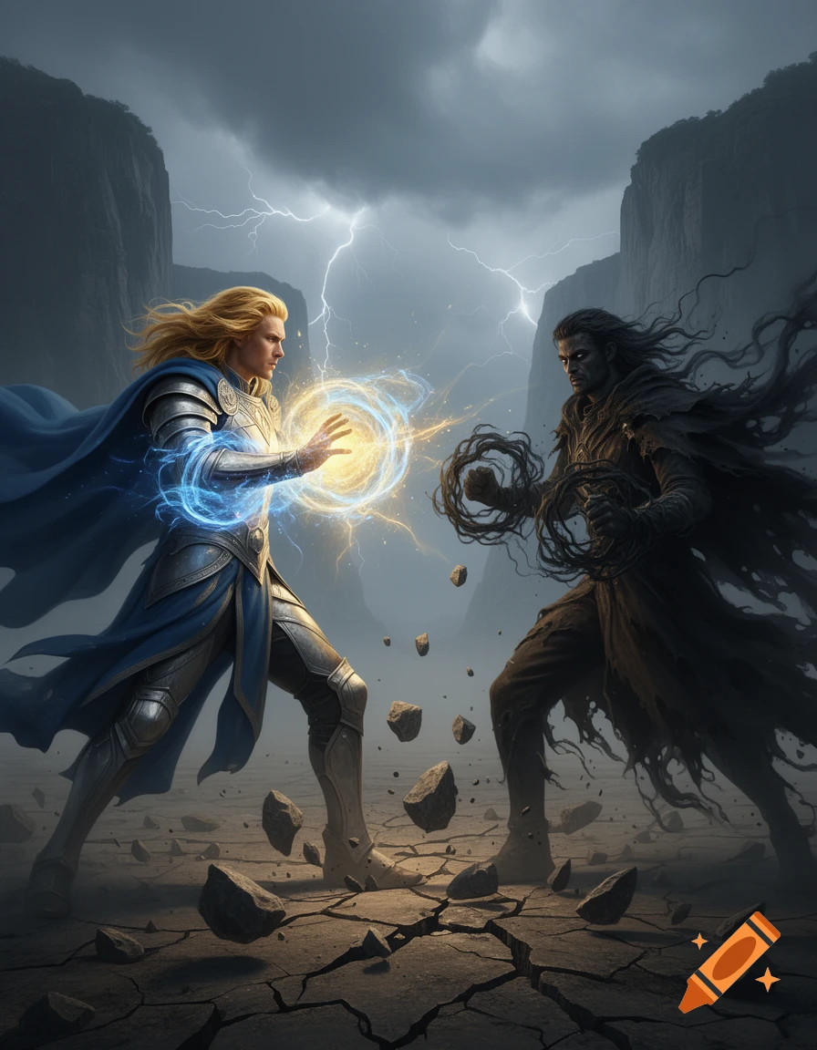A blonde warrior in armor wielding light magic battles a dark, shadowy figure with dark magic on cracked ground under a stormy, lightning-filled sky.