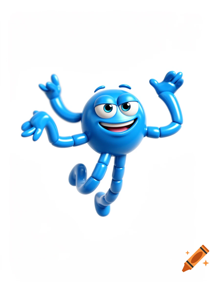 A cheerful blue spherical cartoon character with multiple segmented arms and legs, smiling and raising its hands, against a white background.