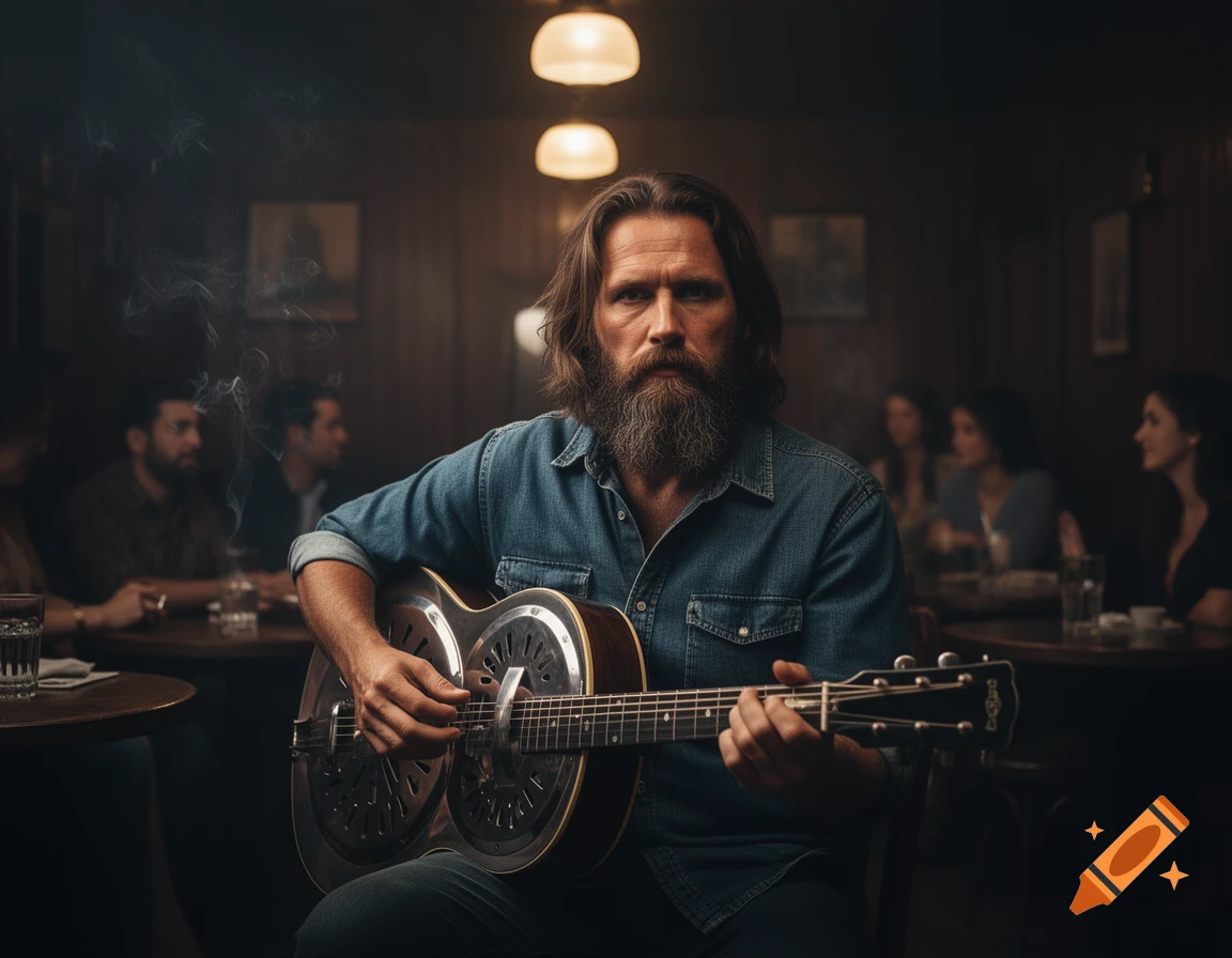 Photorealistic image of a bearded man with long hair playing a resonator guitar in a smoky blues bar.