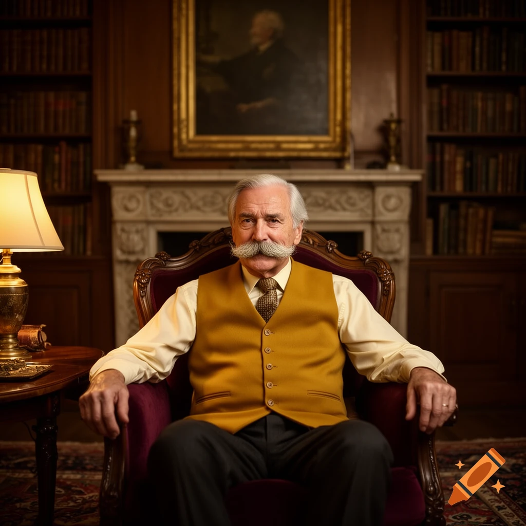 Photorealistic portrait of a distinguished older man with a white mustache and yellow vest, seated in a grand library.
