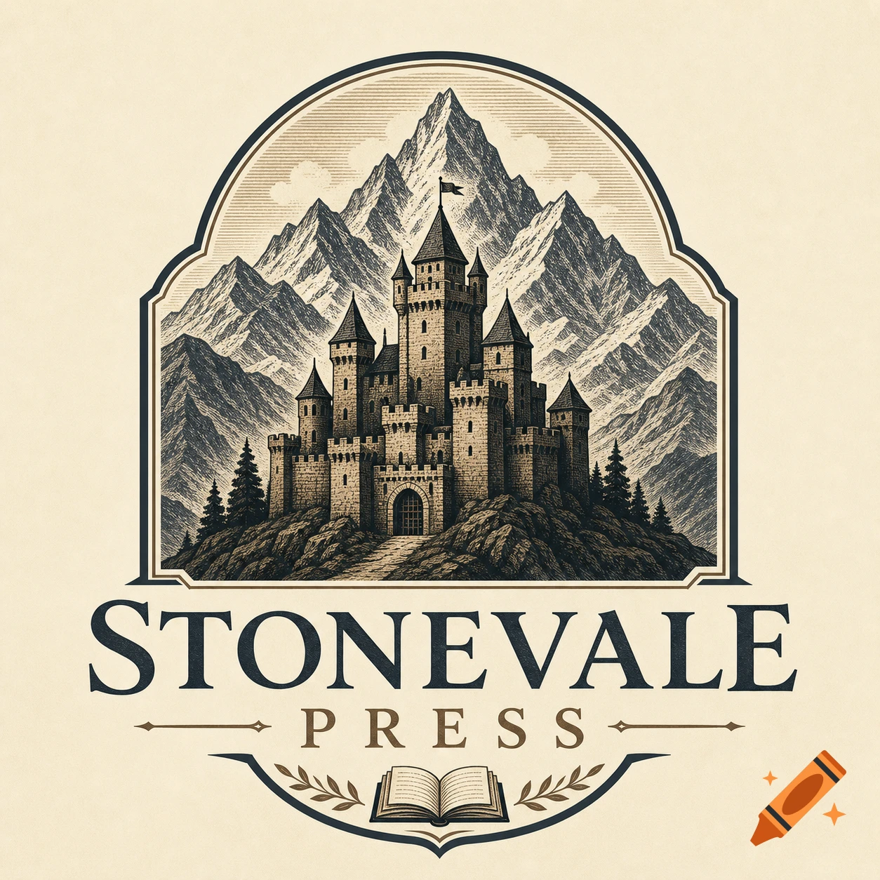 A vintage-style logo for Stonevale Press with a stone castle and mountains inside an arched frame, above an open book.