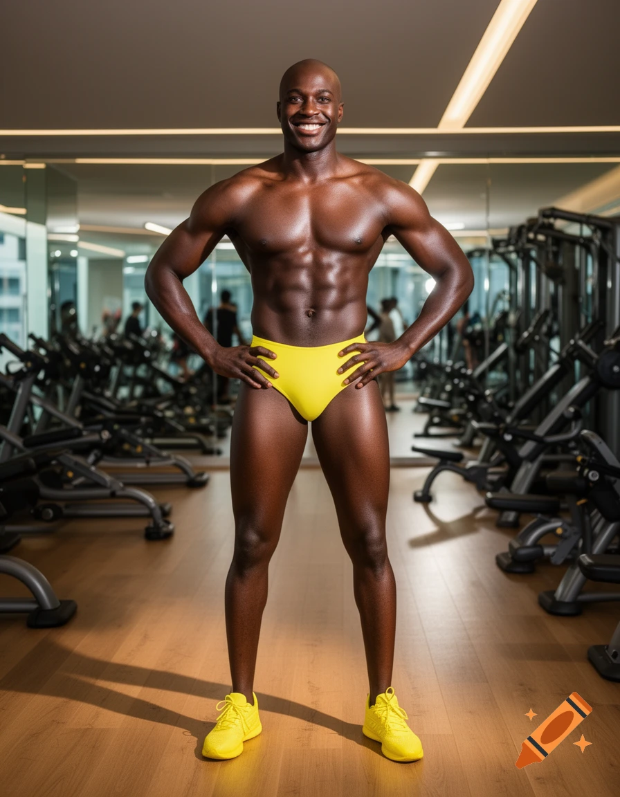 A smiling, muscular Black man in a yellow speedo and yellow sneakers stands with hands on hips in a modern gym.
