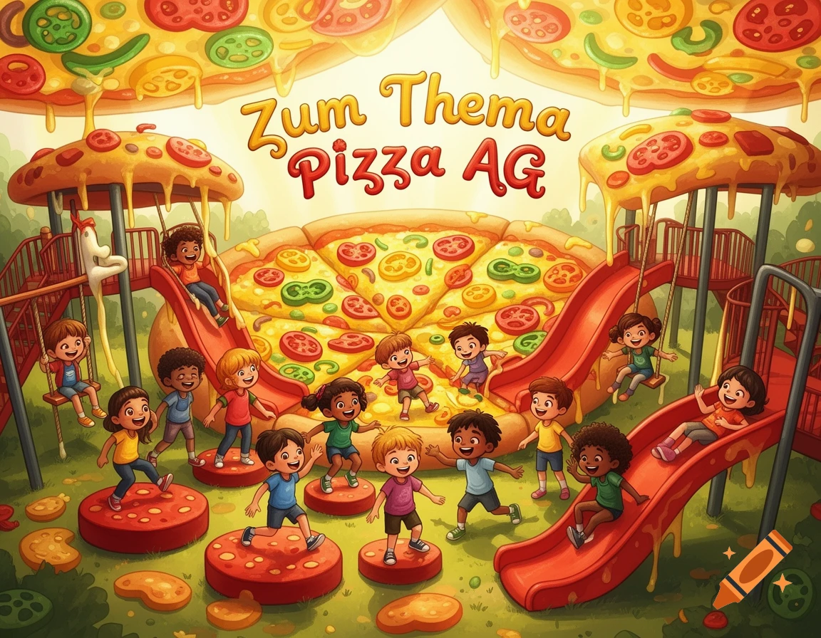 Cartoon illustration of diverse children playing in a whimsical pizza-themed playground with slides and swings under a giant pizza. Text reads 'Zum Thema Pizza AG'.