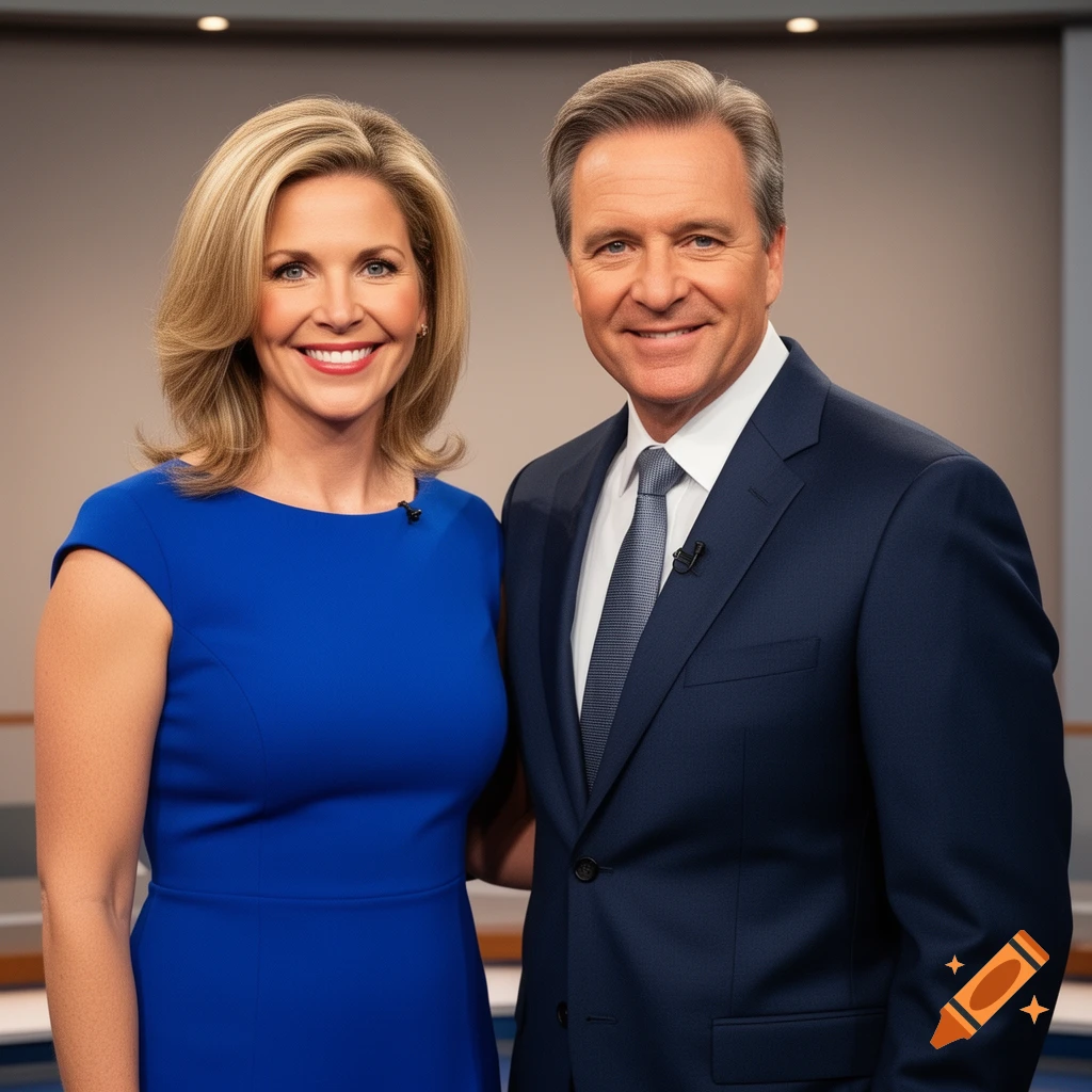 Smiling woman in a blue dress and man in a suit, resembling news anchors.