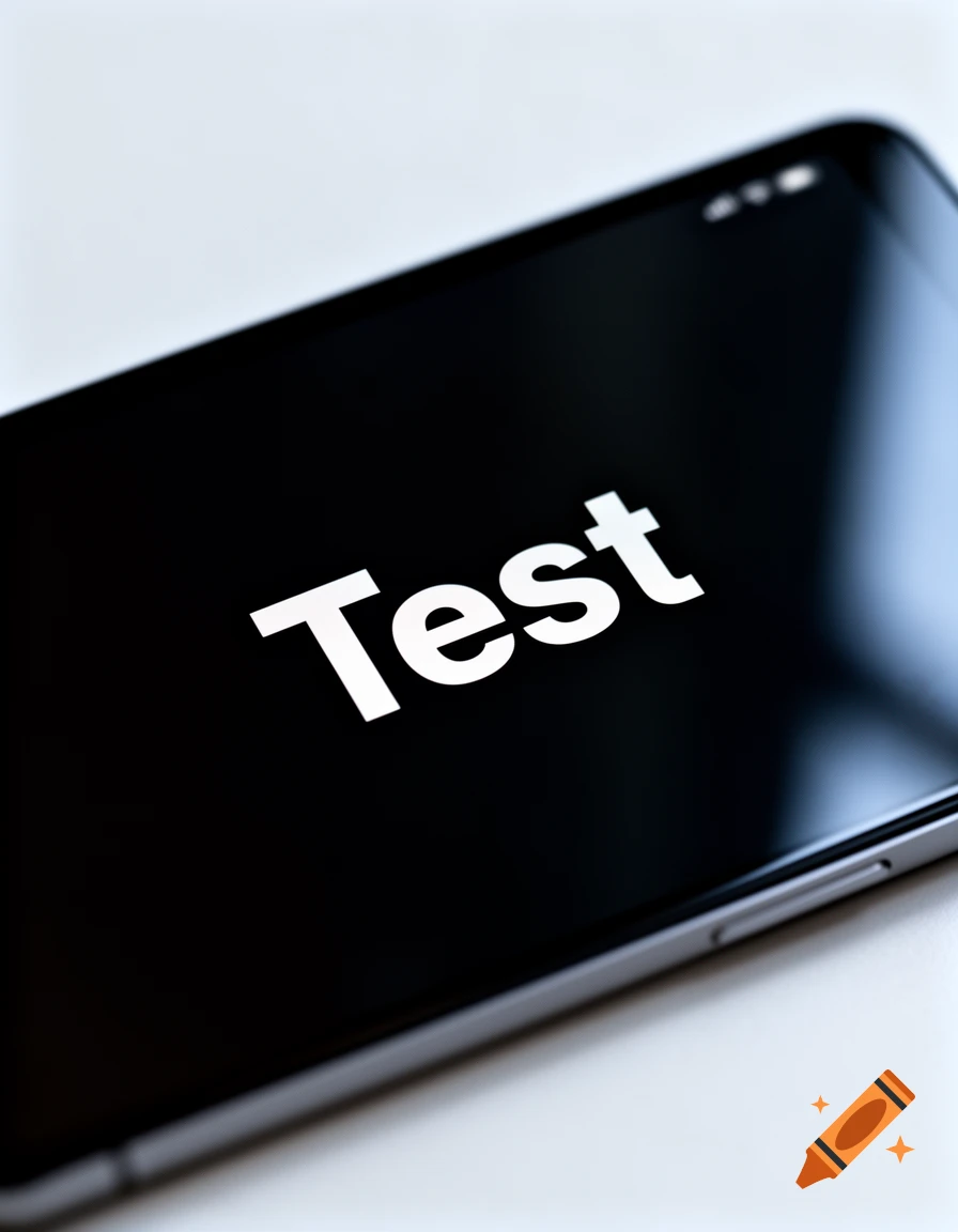Smartphone screen displaying the word 'Test' in white on a black background, in a close-up shot.