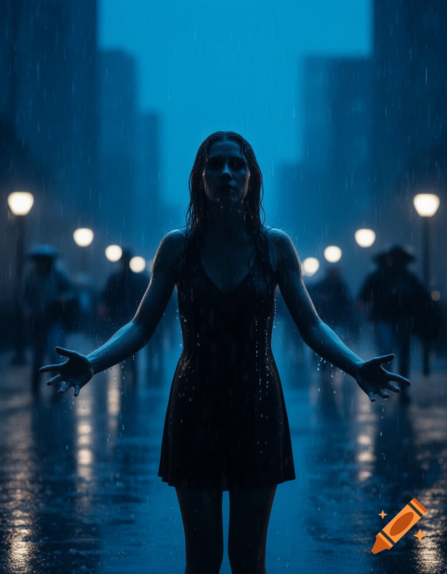 Woman with outstretched arms stands in pouring blue rain on a city street at night, blurred lights and buildings in background.