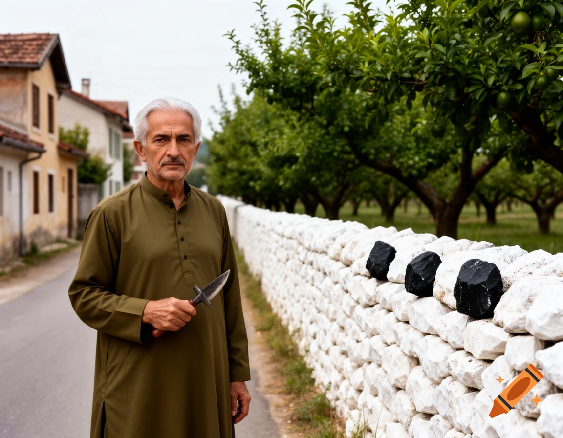 A distinguished man in a traditional olive green Pakistani dress holds a knife while standing on a road next to an old stone wall and an orchard, with old houses in the background.