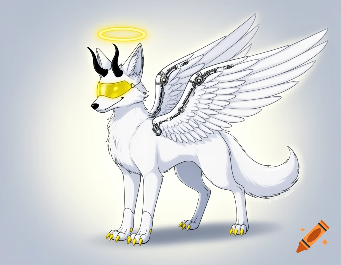 A white fox-like protogen with a yellow visor, black horns, glowing halo, cybernetic angel wings, and yellow claws. Digital art.