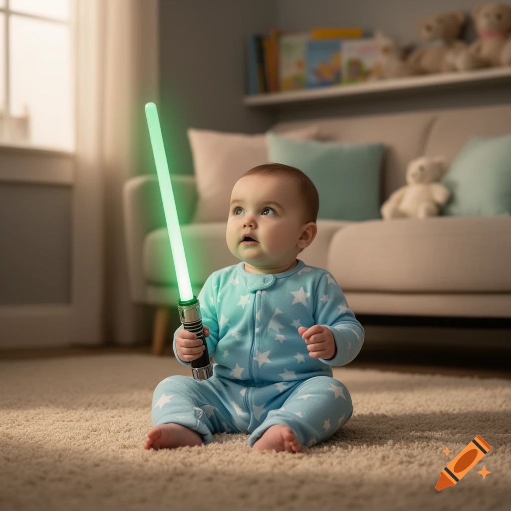 A baby in blue star pajamas sits on a rug, holding a glowing green lightsaber in a living room.